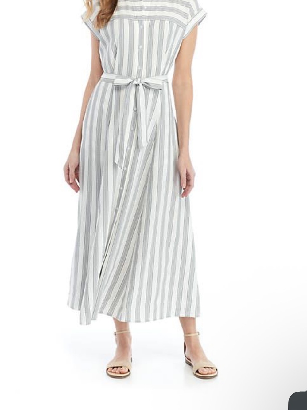 Calvin Klein White and Gray Striped Midi Shirt Dress